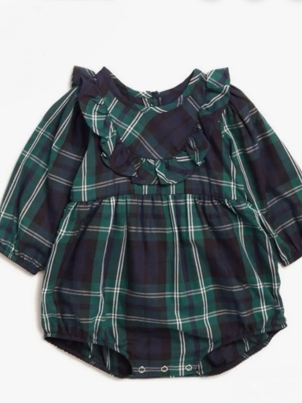 Rare Editions green & navy tartan bubble with ruffle details (6 months)